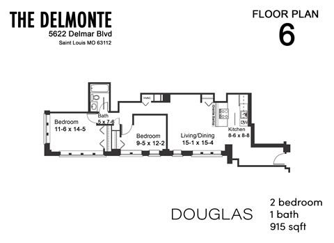 Floor plan for 2 beds, 1 bath, 915 sqft